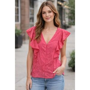 Carlson Pink Eyelet Ruffle Button Down Flutter Sleeve V-Neck Blouse Medium NWT